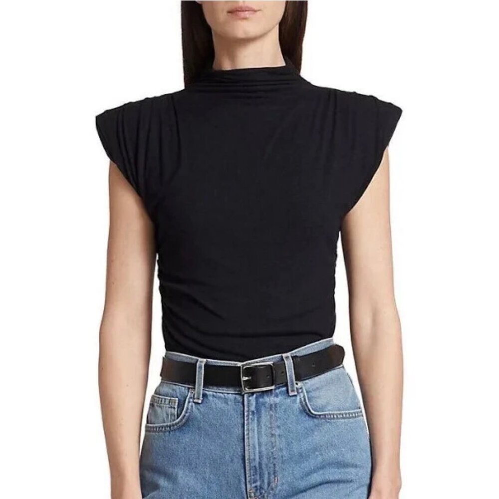 Veronica Beard Jeans 'Lossa' High-neck Ruched Ribbed Top in Black sz L NWT